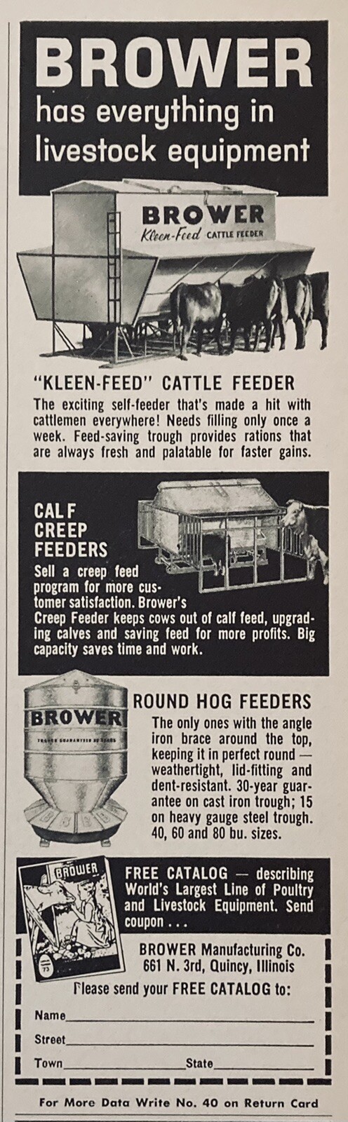 1963 AD.(XH52)~BROWER MFG. CO. QUINCY, ILL. BROWER “KLEEN-FEED” CATTLE FEEDER