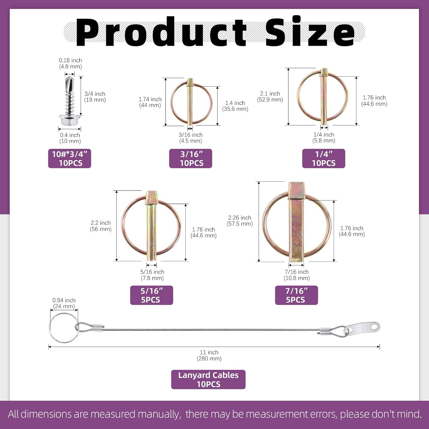 50Pcs 4 Sizes Spring-Loaded Lynch Pin Linch Pin and Stainless Steel Lanyard Cabl