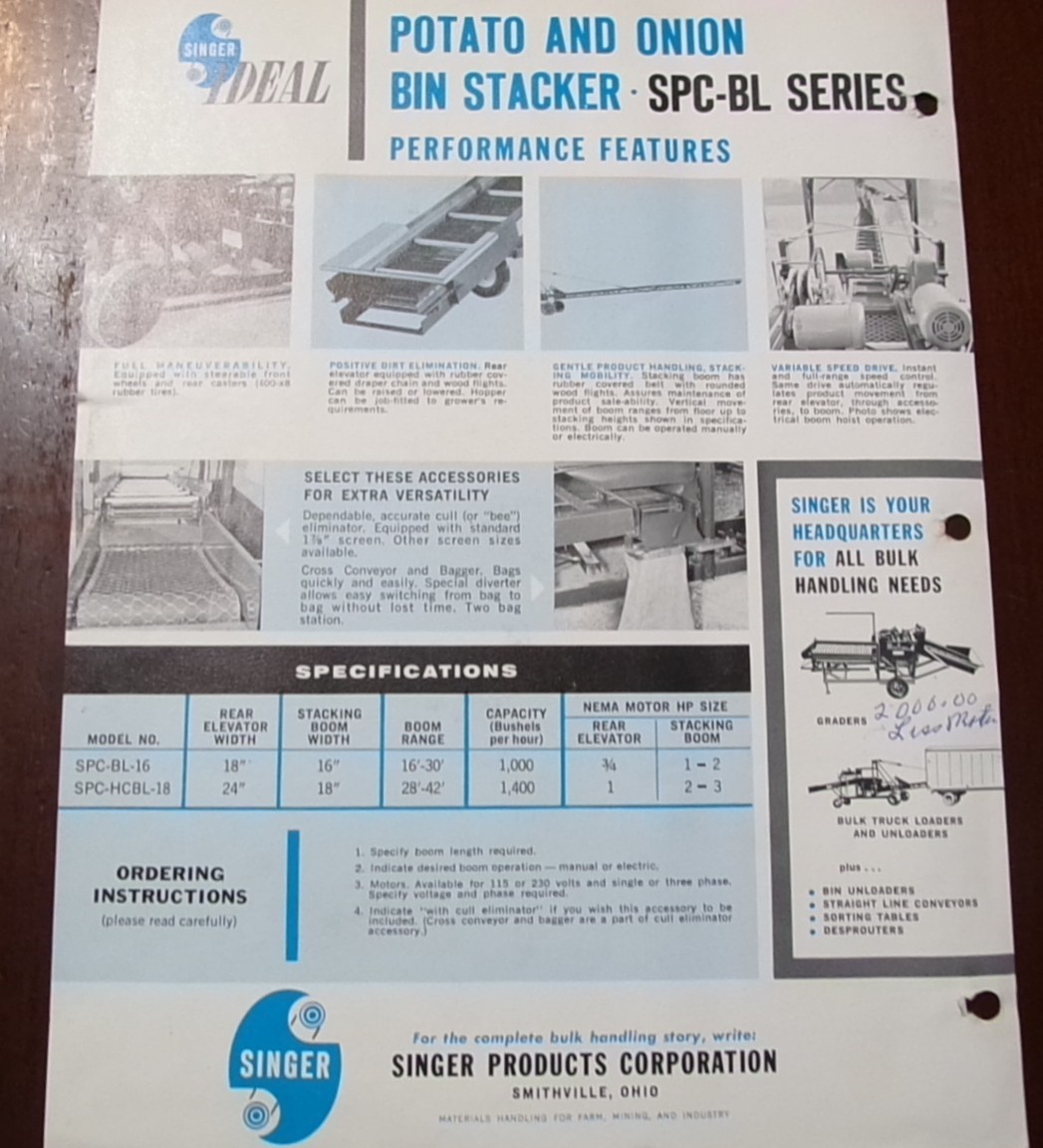 Singer Ideal Potato & Onion Bin Stacker Sales Brochure & price list 1970&rsquo;s?
