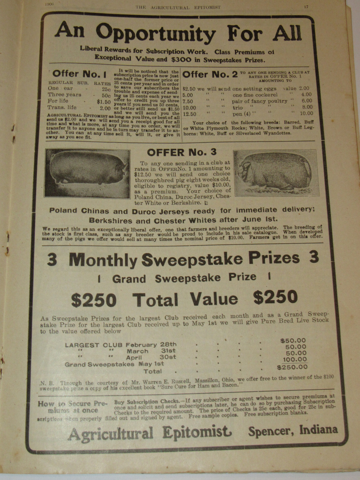 5 VTG 1906-07 &lsquo;AGRICULTURAL EPITOMIST&rsquo; MAGAZINES! ONLY PAPER PRINTED ON A FARM!