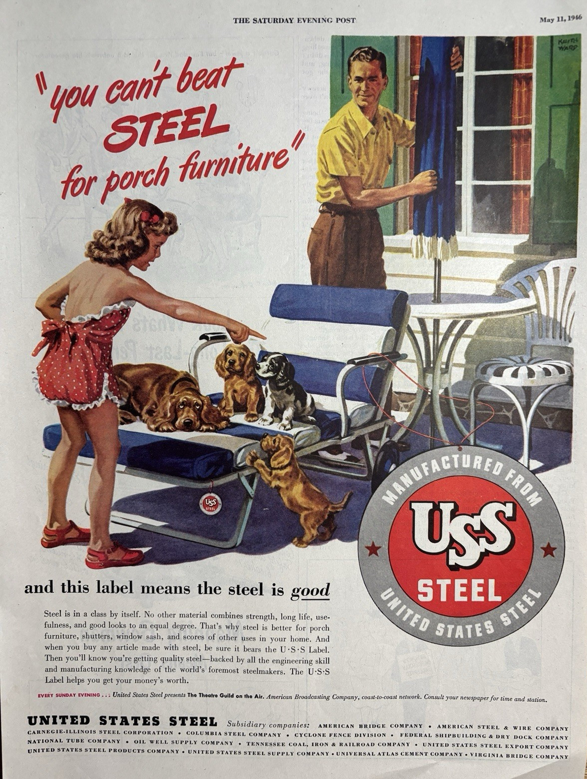 1946 United States Steel Porch Furniture Label Dog Girl Skill Vintage Print Ad