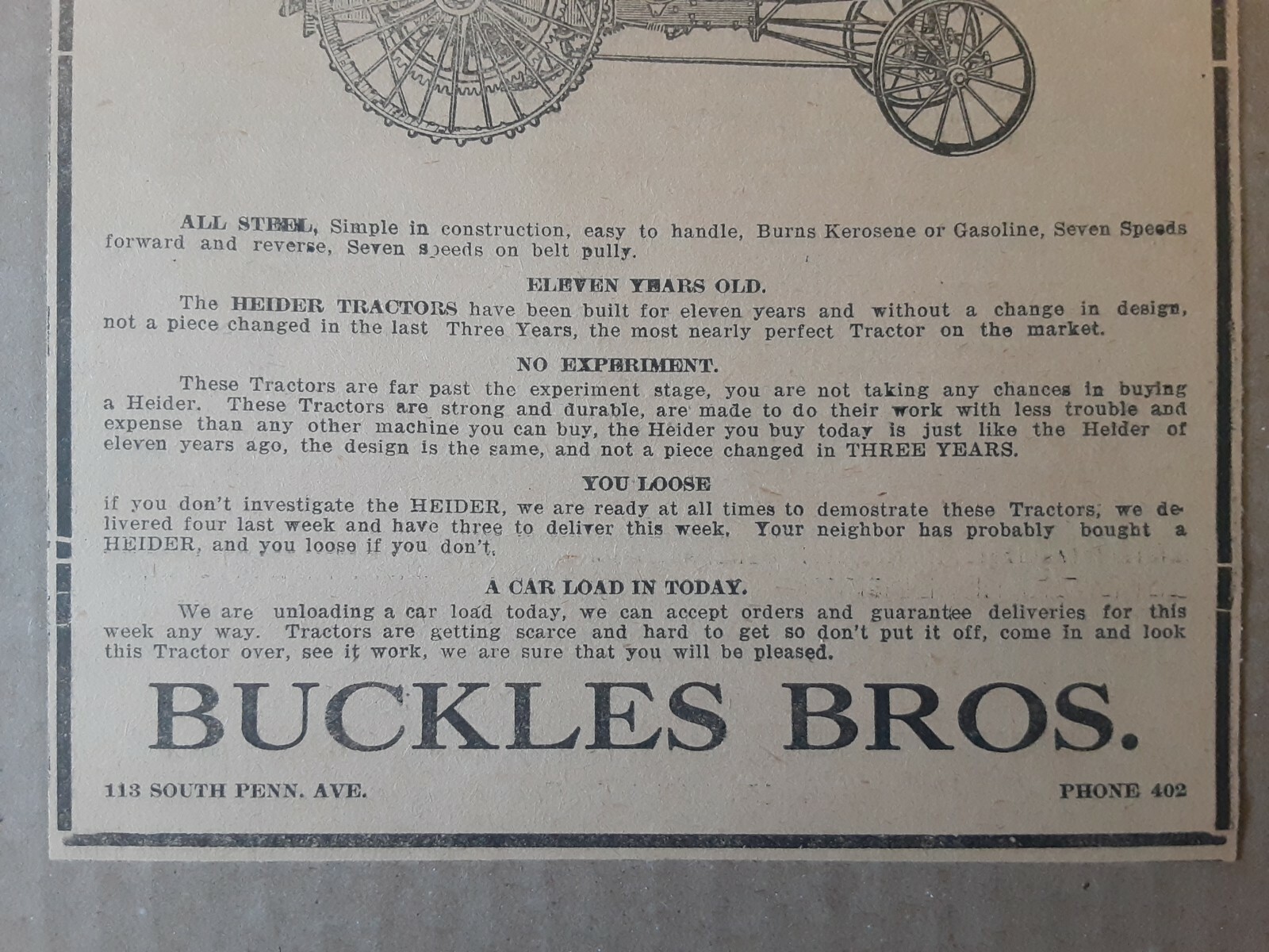1918 Heider Tractor Newspaper Ad