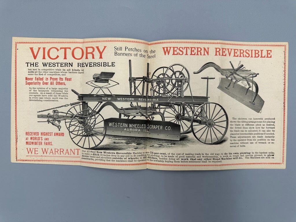 1893 ROAD MACHINE Western Wheel Scraper WORLDS FAIR Catalog Trade Card AURORA IL