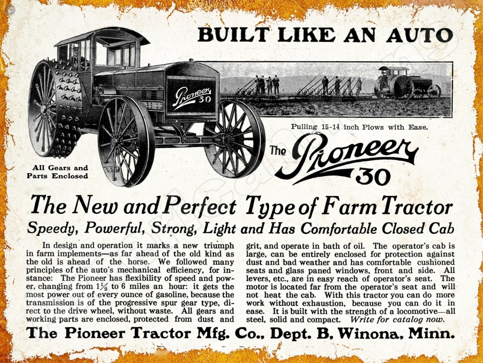 1912 Pioneer Tractor Co. Model 30 Tractor New Metal Sign: Winona, Minnesota