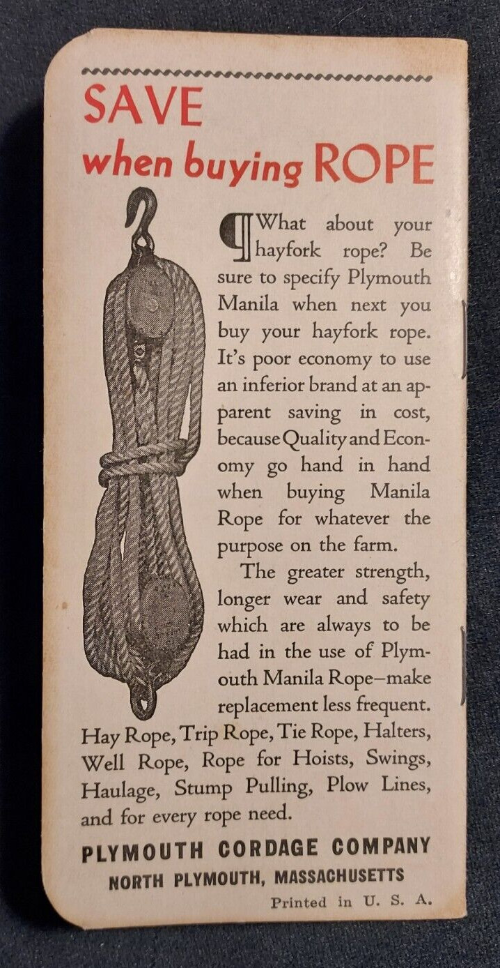 1941 Advertising Memorandum Pad Plymouth Binder Twine Plymouth Cordage Rope