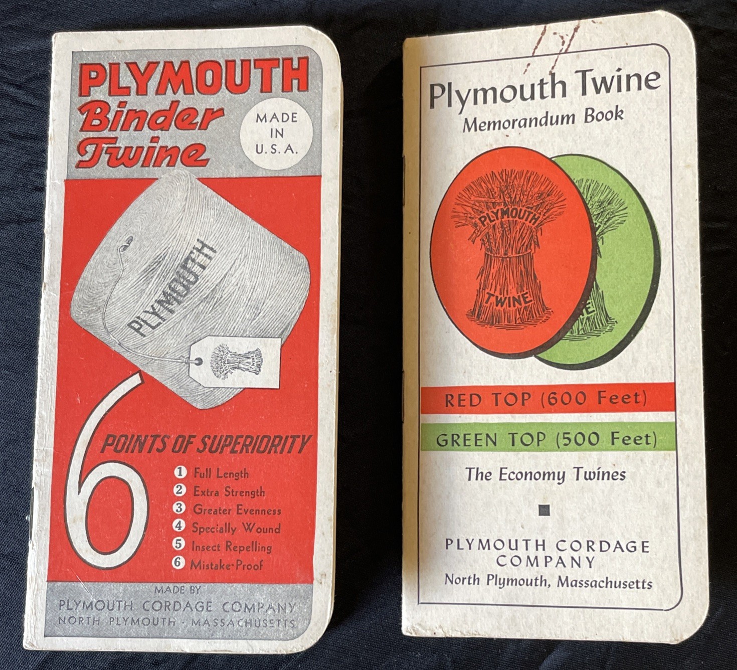 Set Of 2: 1938/39 & 1940/41 Plymouth Binder Twine Cordage Co. Pocket Note Books