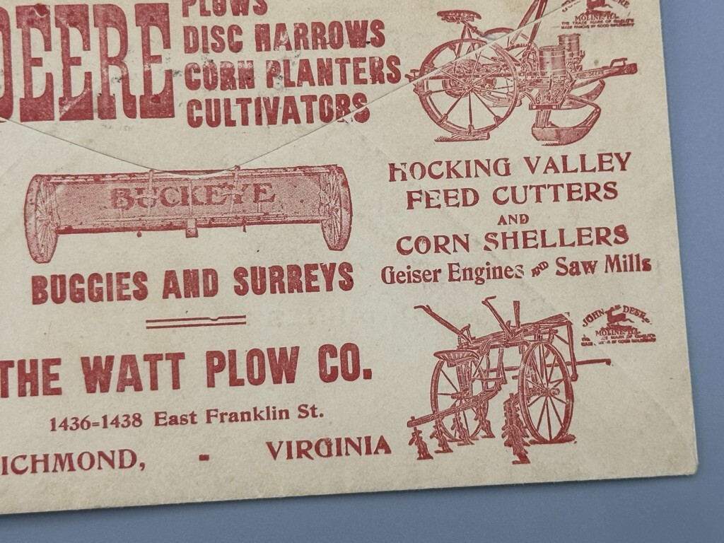 1917 JOHN DEERE Postal Cover HANOVER WAGON Farm Advertise WATT PLOW Richmond VA