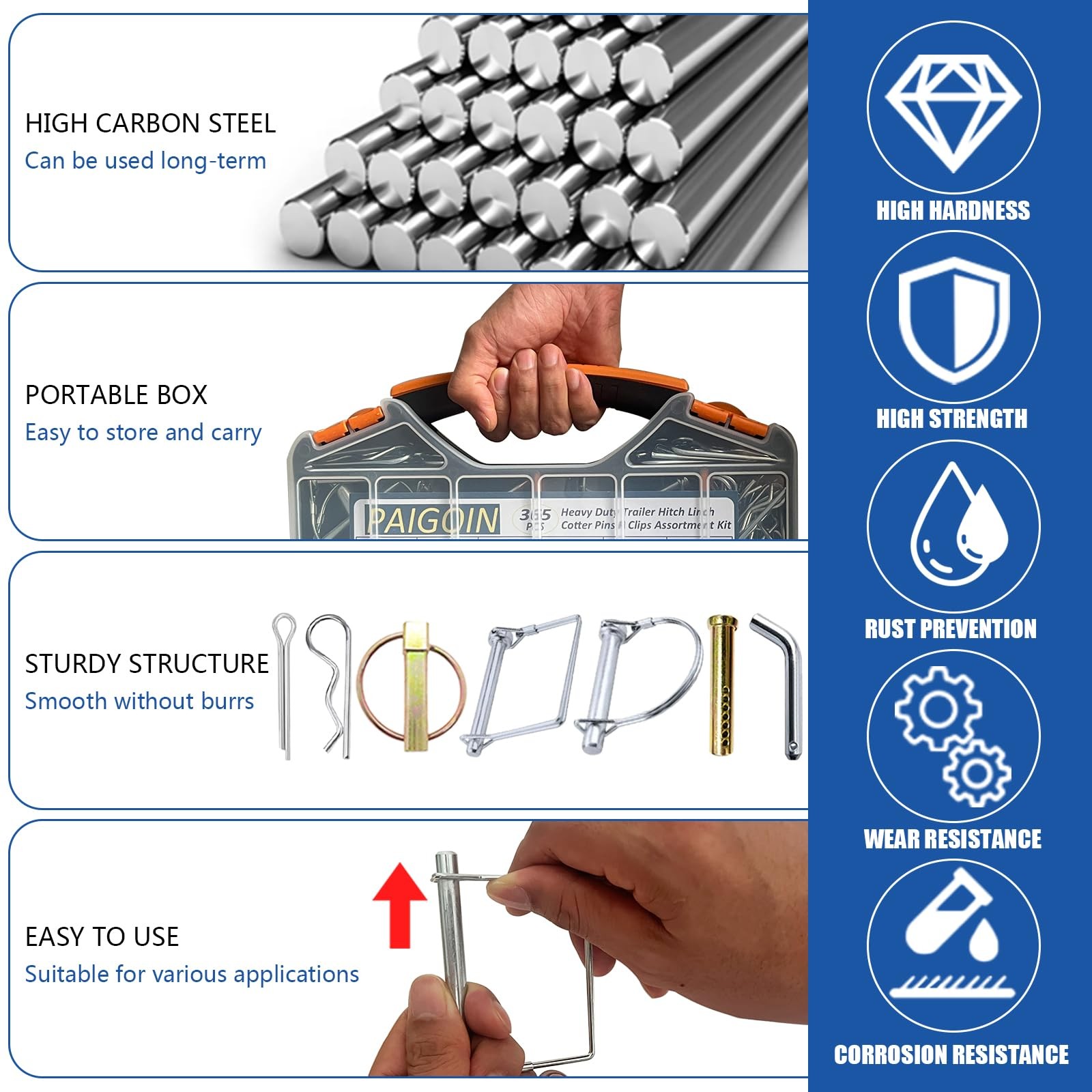 365PCS Trailer Hitch Pin Assortment Kit, Heavy Duty Cotter Pins R Clips Locki…