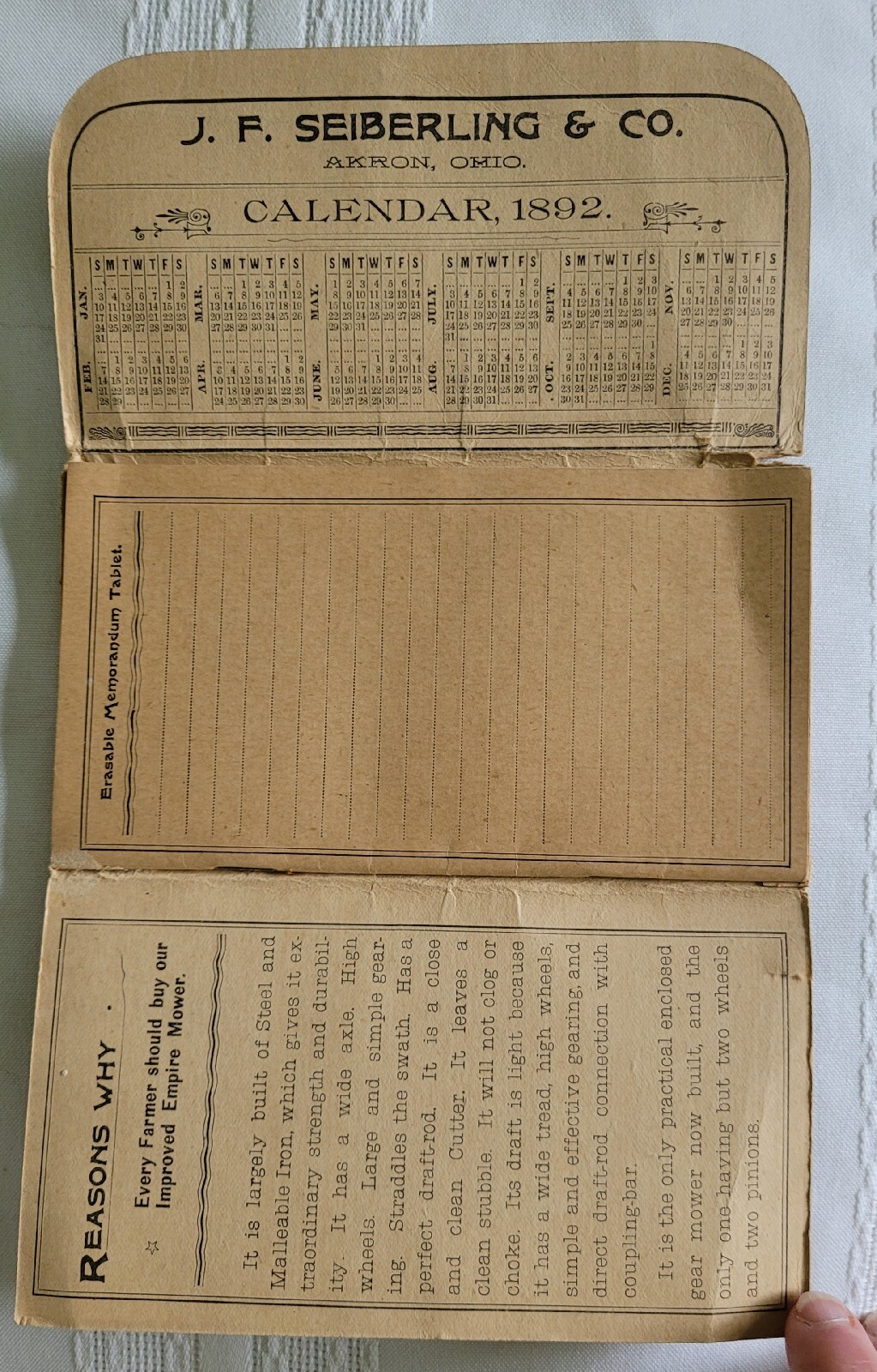 Empire Farmers Pocket Companion, 1892, J. F. Seiberlinkg & Co., Akron, OH