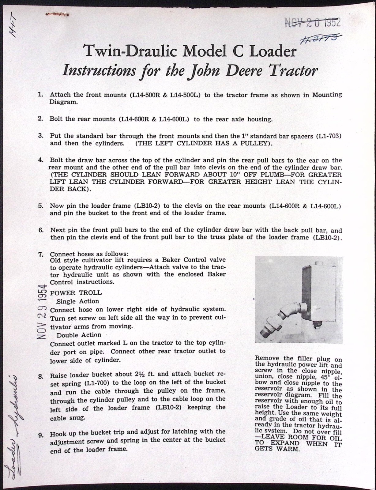 1952 Twin Draulic Model C Loader for John Deere Tractor Instructions Parts Lists