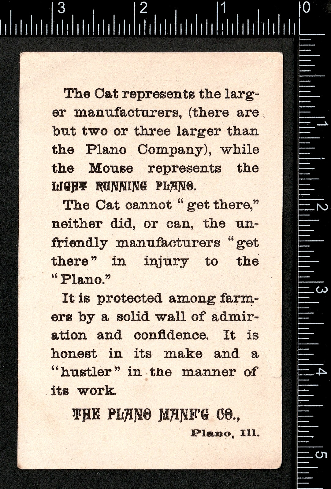 Odd Victorian Humor Cat & Mouse Farm Chase Plano Mfg Protection IL Trade Card LD