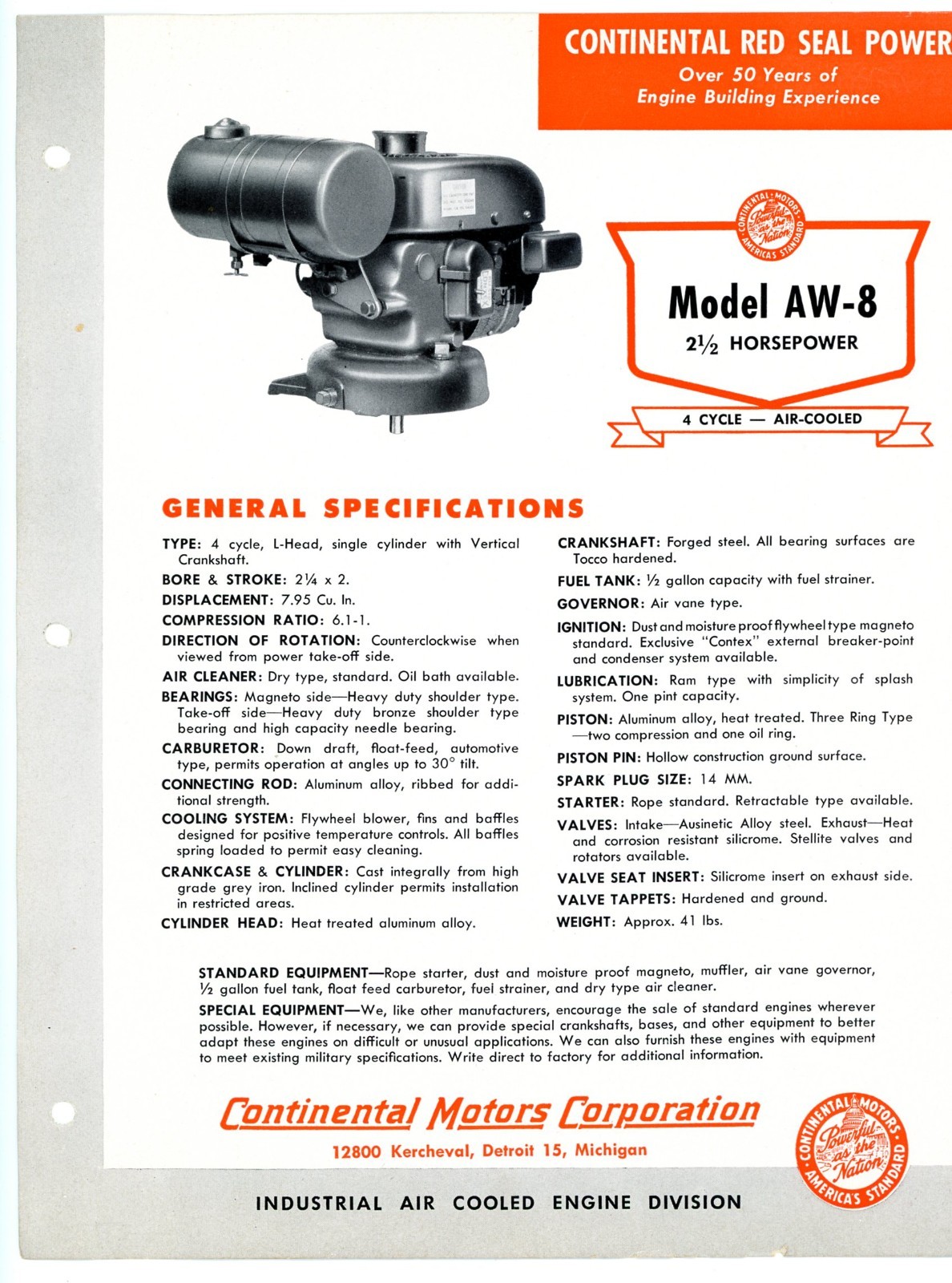 Continental Red Seal Air Cooled 2&1/2 HP Engine model AW-8 1954 sales brochure