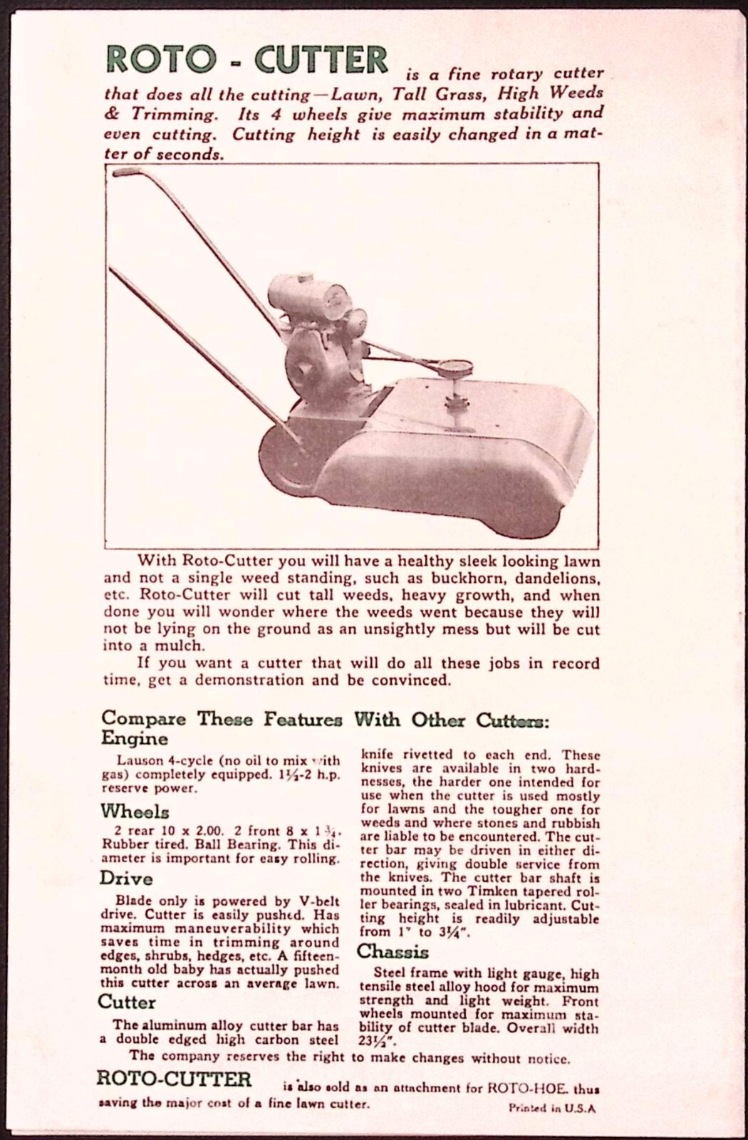 1953 Roto Hoe Roto Tiller Brochure & Price List Roto-Hoe & Sprayer Co Newbury OH
