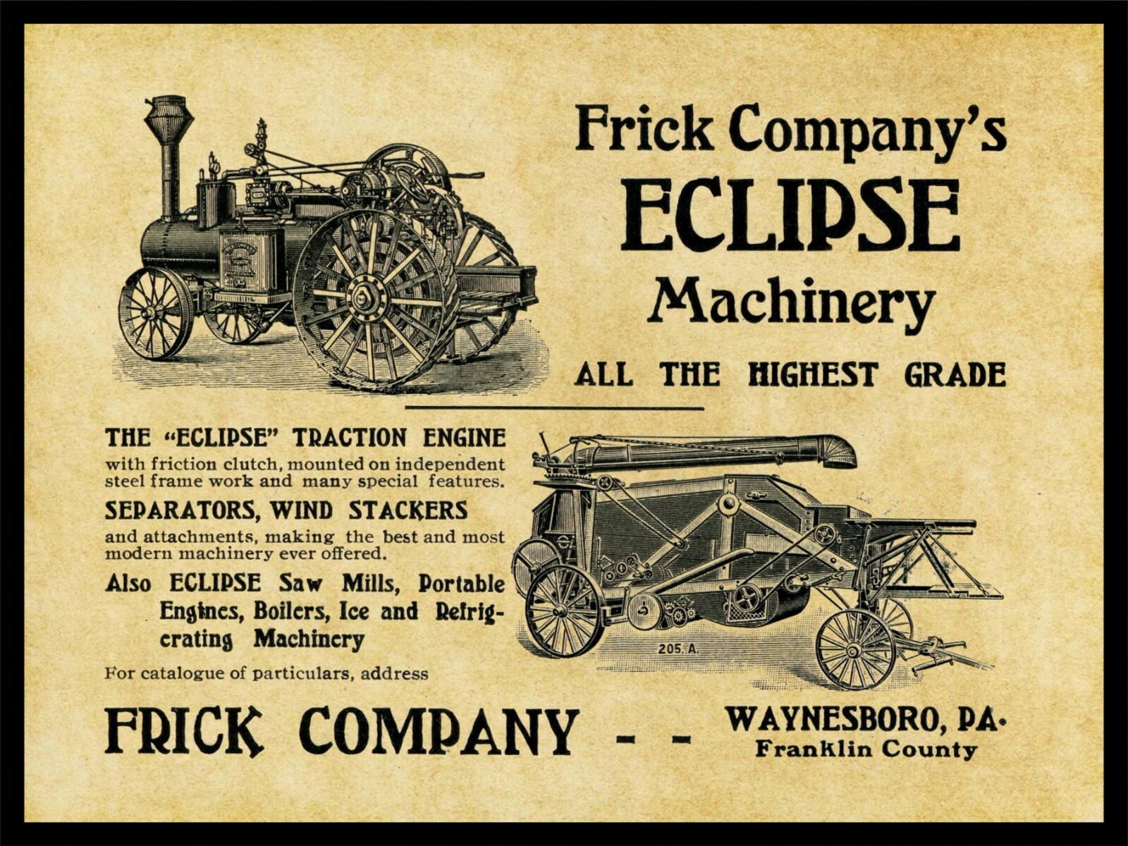 1905 Frick Co. NEW Metal Sign: Eclipse Traction Engine, Separator. Waynesboro PA