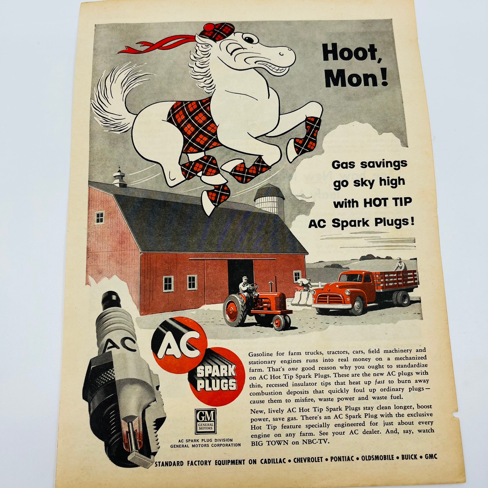 Vintage Advertisement AC SPARK PLUGS GENERAL MOTORS Hoot Mon! Scottish Horse AA1