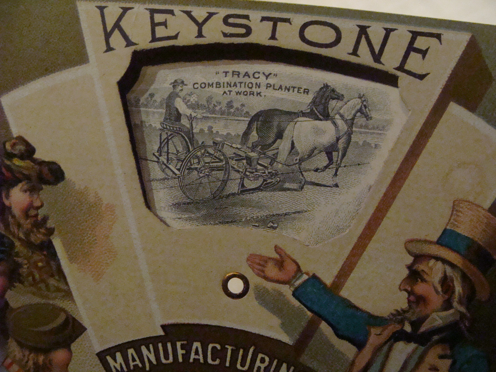 vintage Mechanical TradeCard: KEYSTONE w Farming items; UNCLE SAM showing world