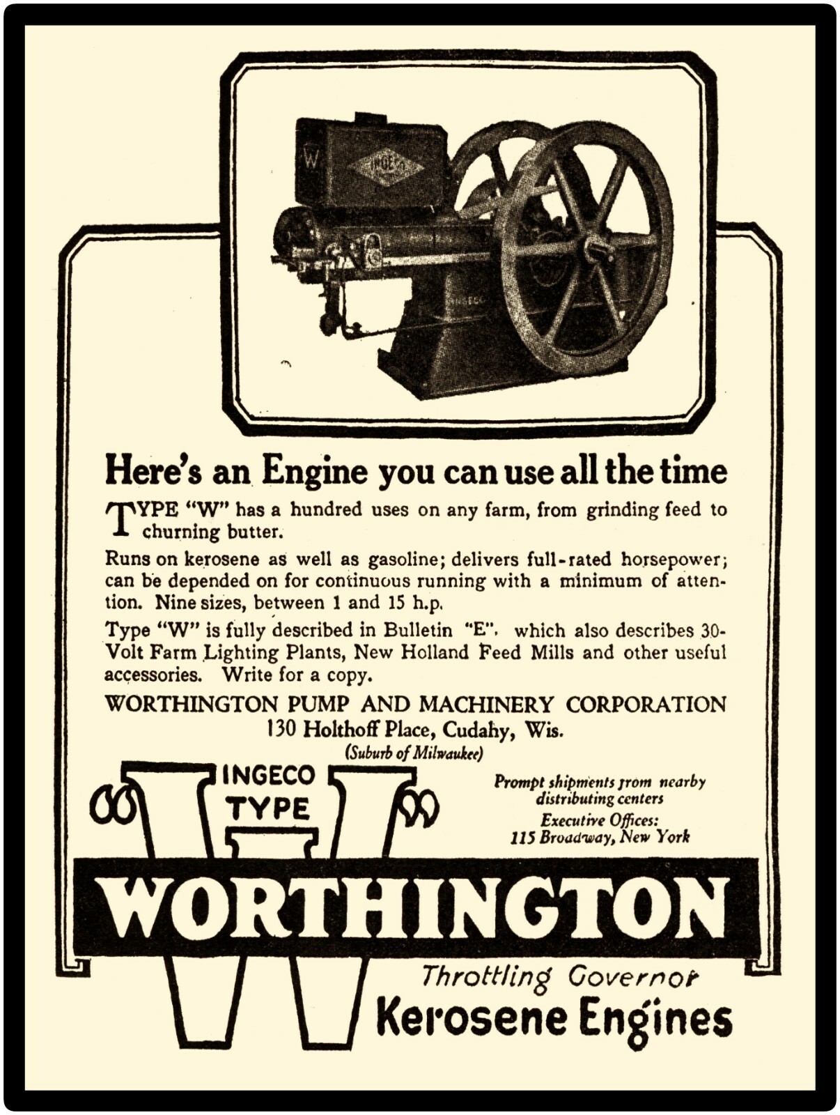 1919 Worthington Pump & Machinery Co Metal Sign: Kerosene Ingeco Type W Engines