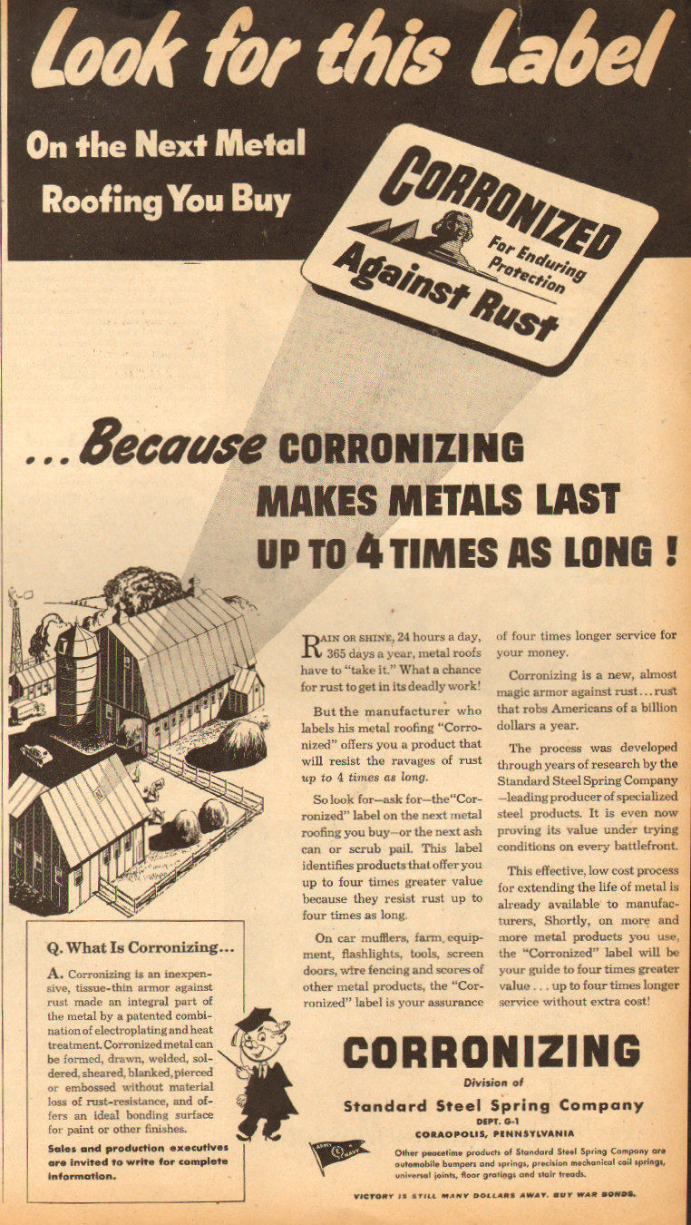 1944 WW 2 Ad CORRONIZING Rust Protection for Farm Buildings 063018