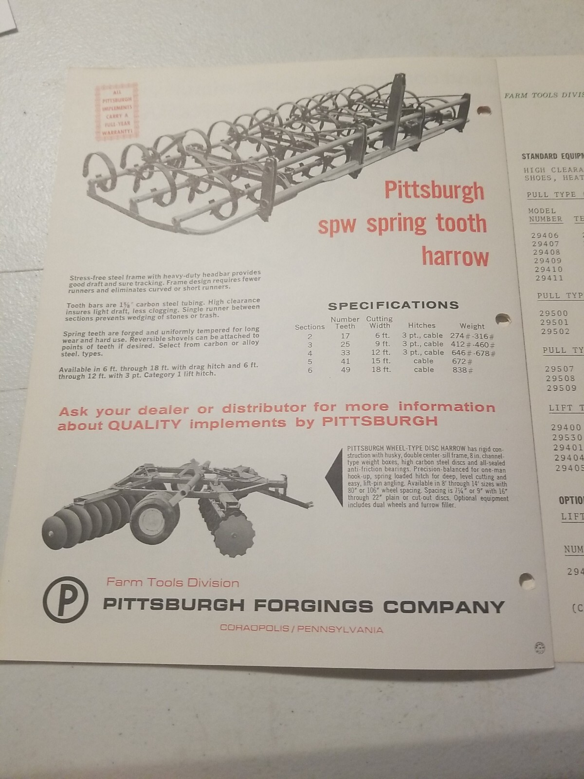 1970 PITTSBURGH FORGINGS CO. SPRING TOOTH HARROWS BROCHURE &PRICE LIST