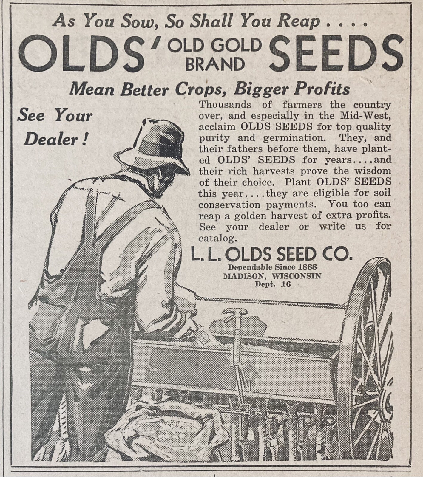 1938 AD.(XH16)~L.L. OLDS SEED CO. MADISON, WIS. OLDS’ OLD GOLD BRAND SEEDS