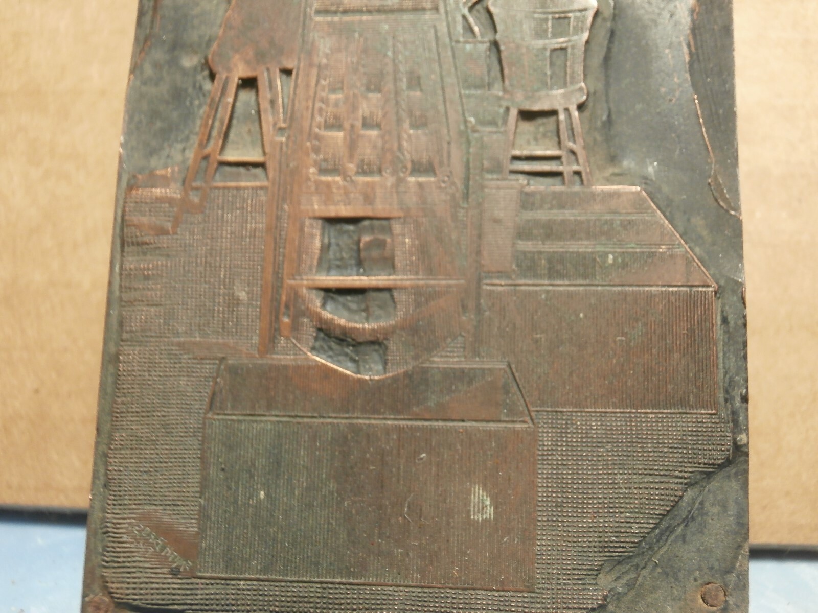 Antique Printers Printing Block Men Operating Fruit Sorter Assorter w/ Basket