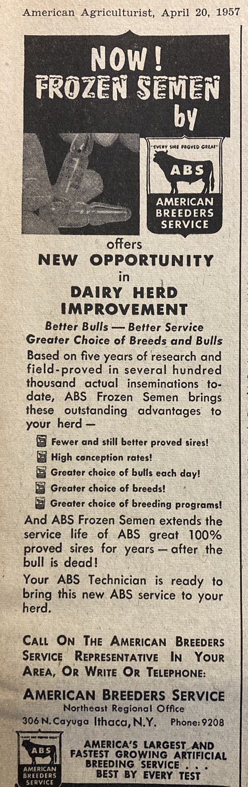 1957 AD.(XH63)~AMERICAN BREEDERS SERVICE, ITHACA, NY. DAIRY HERD IMPROVEMENT