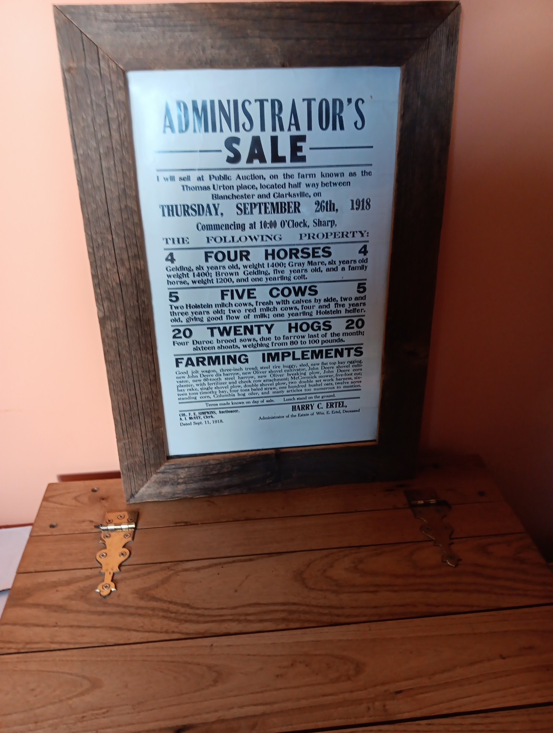 1918 Administrator&rsquo;s Sale Bill of Farm Near Clarksville & Blanchester (OH?)