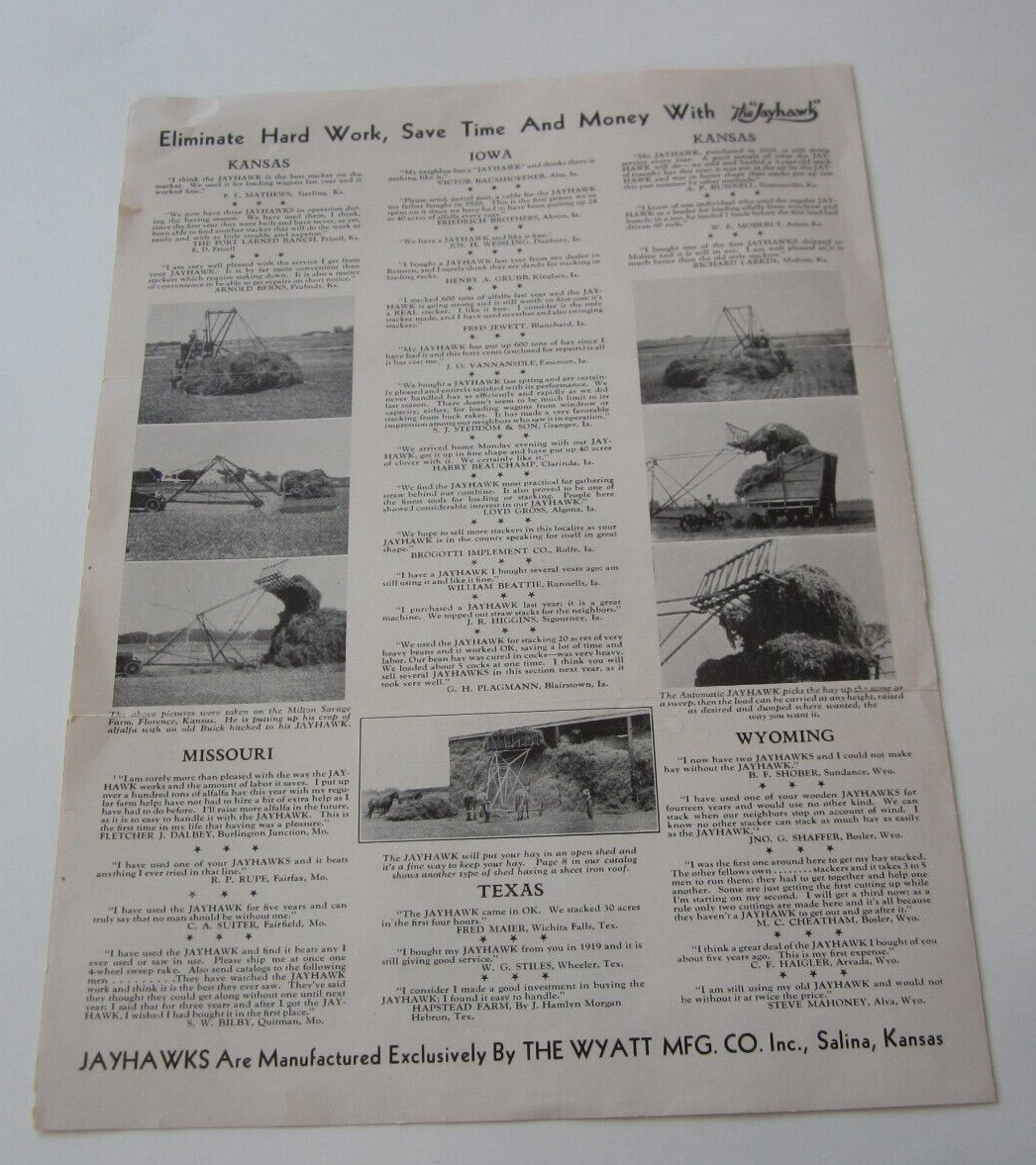 Old Vintage – JAYHAWKS – Farming Equipment – Brochure – Wyatt Mfg SALINA KANSAS