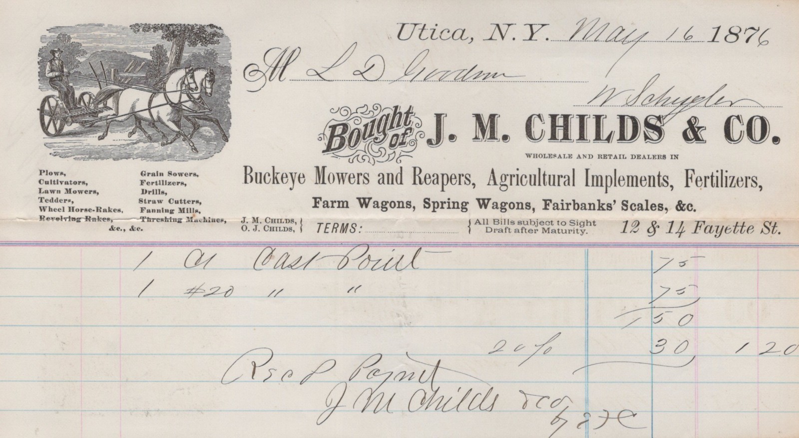 JM Childs Buckeye Mowers Reaper Agricultural Delivery Paper Receipt 1876 A1ss