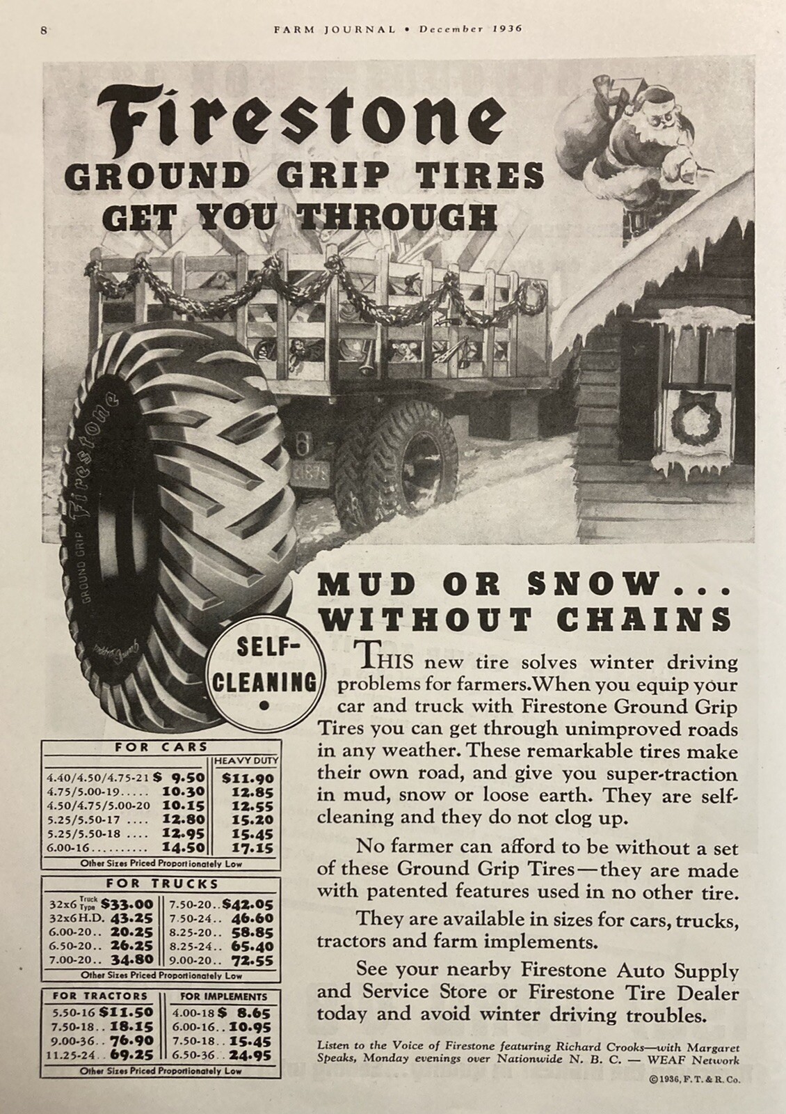 1936 AD.(XH60)~FIRESTONE GROUND GRIP TRACTOR TIRES FROM SANTA ON CHRISTMAS