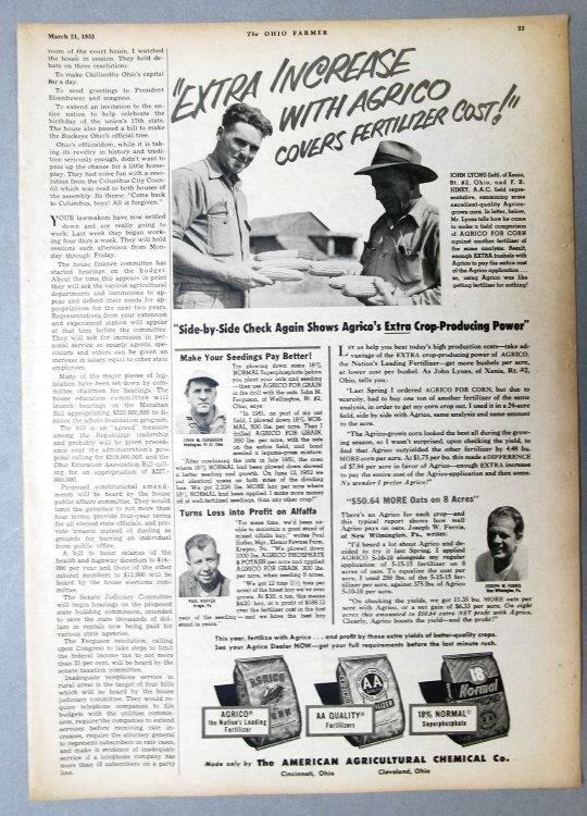 Original 1953 AGRICO Ad Features Joseph Ferris, New Wilmington Pennsylvania