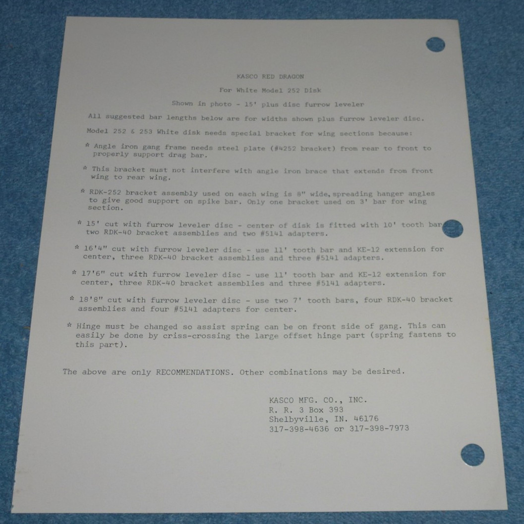 Vtg Kasco Red Dragon Drag Bar White Model 252 Disc Farm Equipment Brochure Print