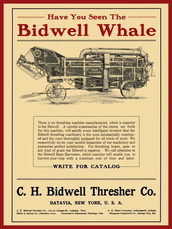 1906 Bidwell Whale Thresher of Batavia New York NEW Sign 24 x 30&Prime; USA Steel