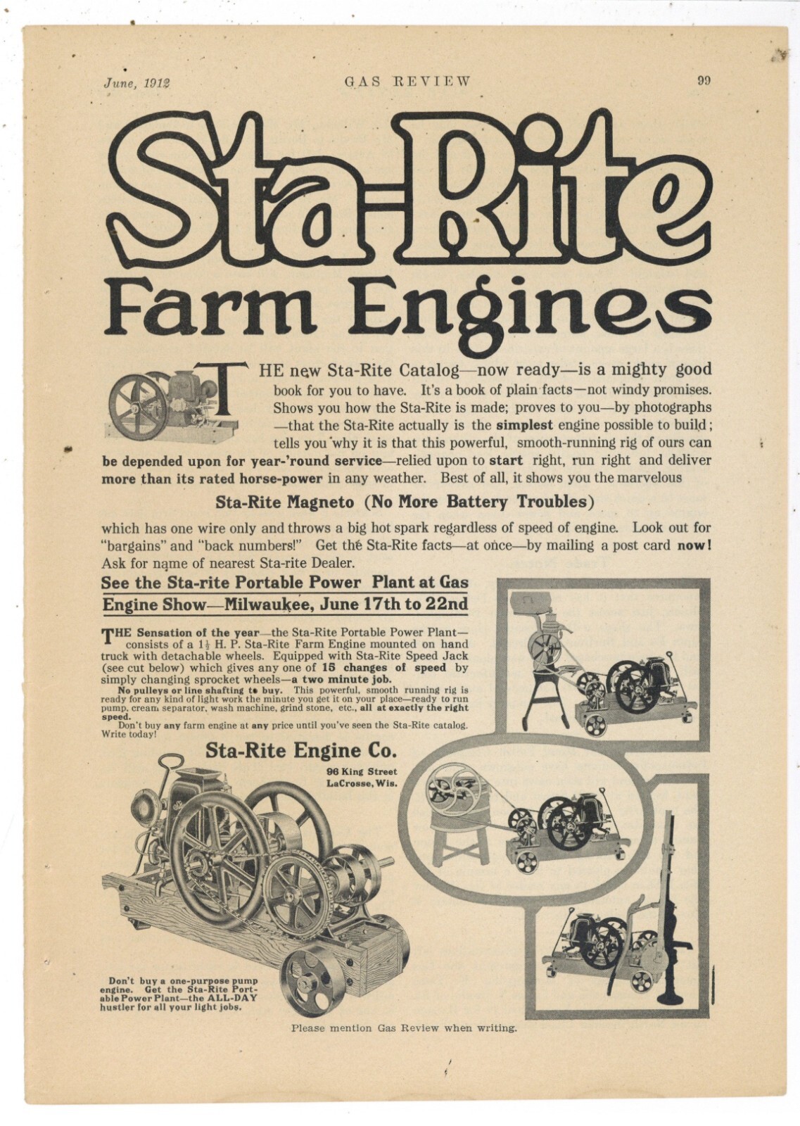 1912 Sta-Rite Engine Co. Ad: Portable Power Plant on Wheels – LaCrosse Wisconsin