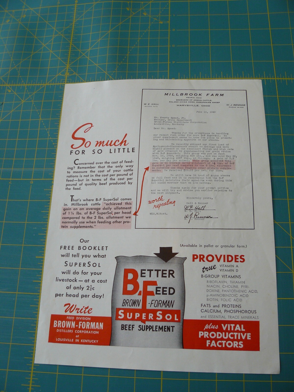 THE FARM QRTLY- Aug 1949 -ad- BETTER FEED. Brown-Forman SuperSol/ Louisville, KY