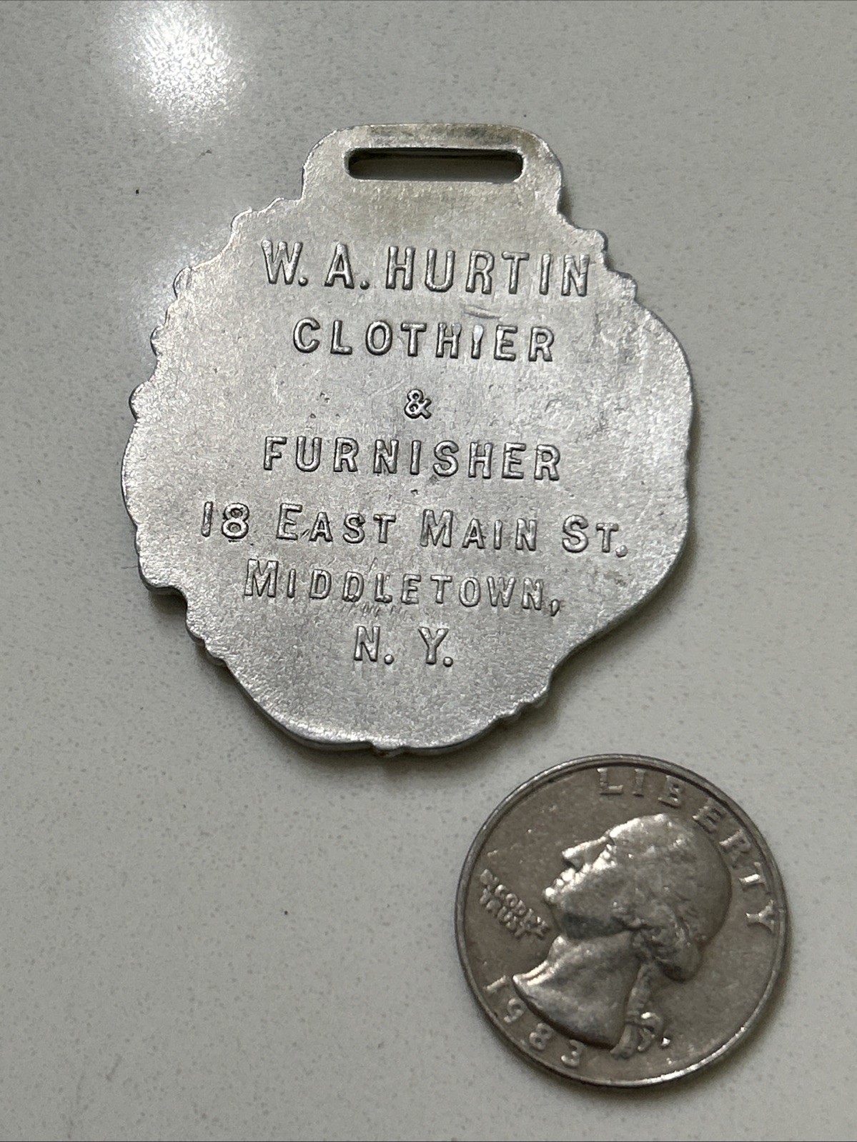 W.A. Hurtin Clothier & Furnisher Aluminum Pocket Watch Fob Middletown NY