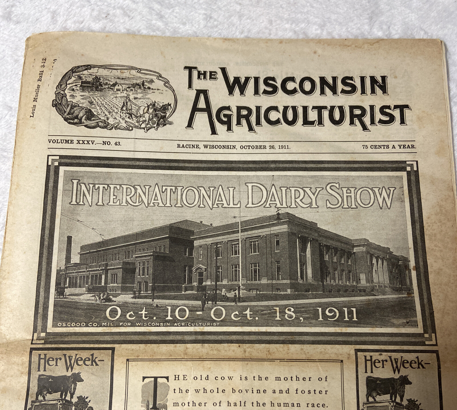 The Wisconsin Agriculturist OCT 1911 • Volume XXXV No. 43 Full Newspaper with Ad