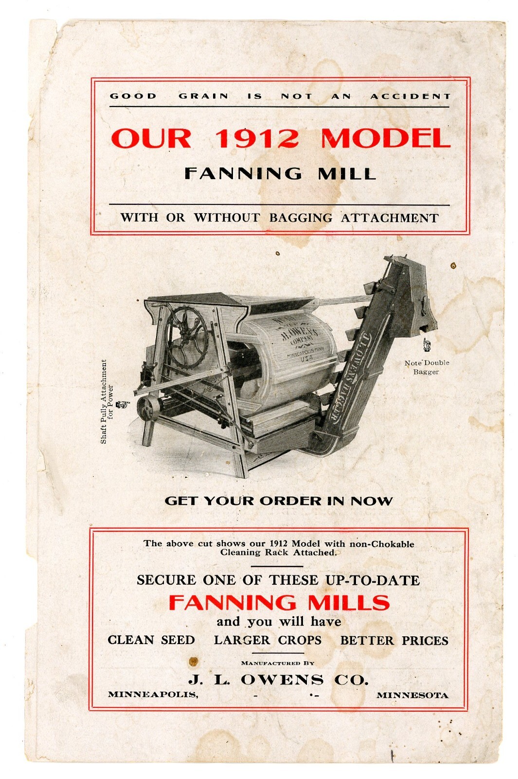 J L Owens 1912 Model Fanning Mills J L Owen Co Minneapolis Minn brochure