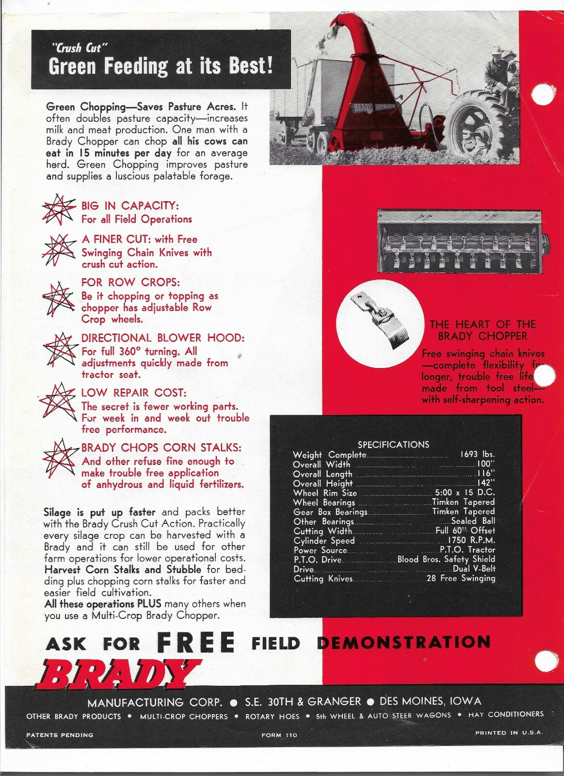 Original OEM Brady Multi-Crop Model BPO60 Offset Chopper Sales Brochure Form 11O
