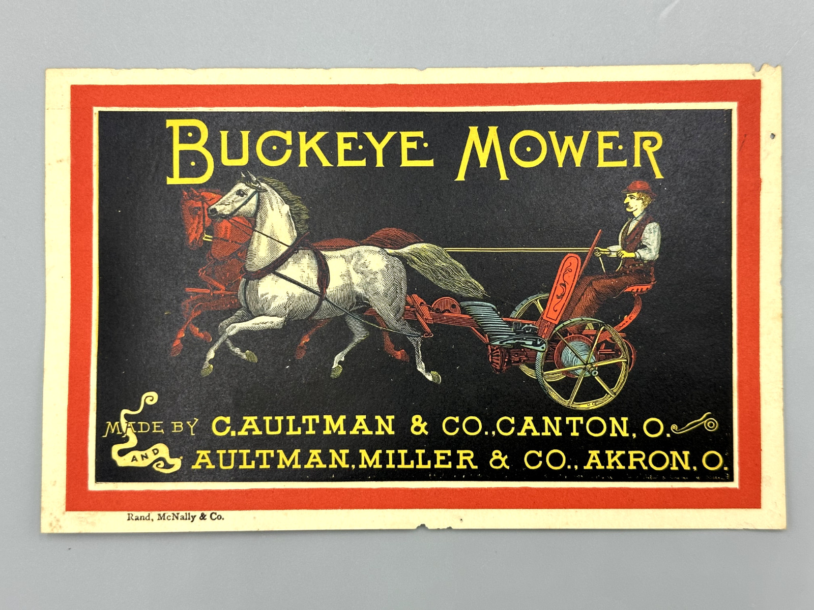 1880s BUCKEYE MOWER Aultman Miller AKRON Ohio Farm Advertising Trade Card