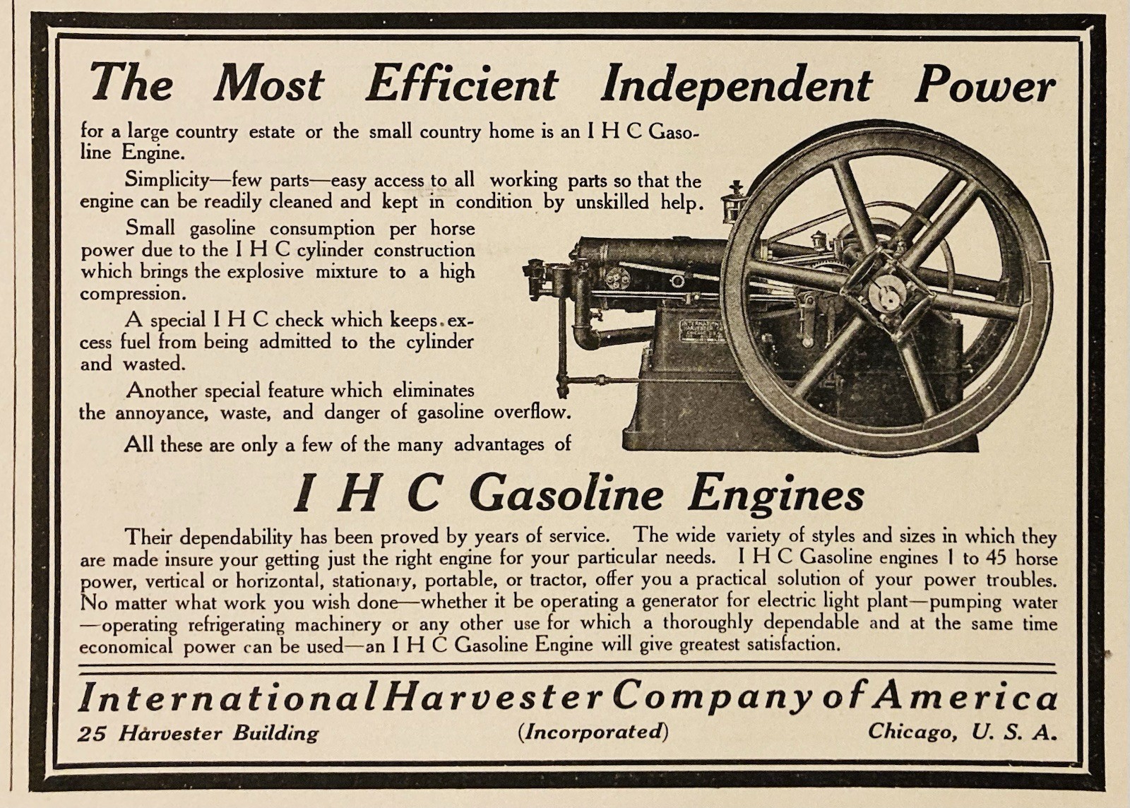 1911 AD.(PC9)~INTERNATIONAL HARVESTER CO. CHICAGO. I H C GASOLINE ENGINES