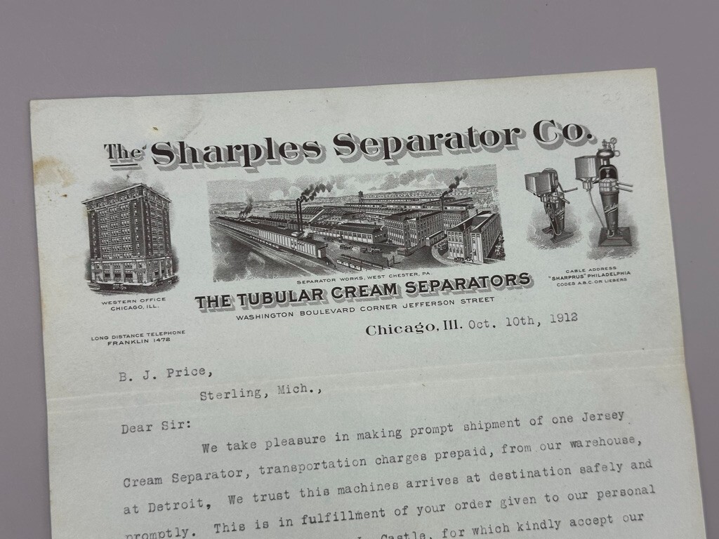 1912 SHARPLES CREAM SEPARATOR Farm Advertising Antique Illustrated Letter