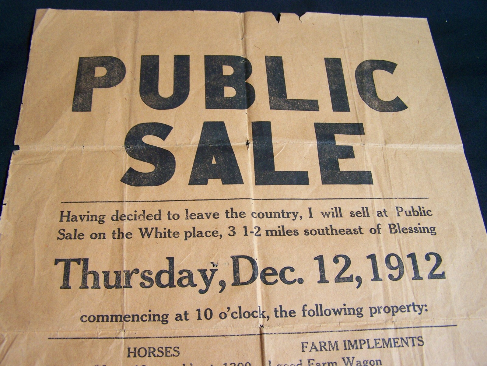 ANTIQUE BLESSING, TEXAS 1912 PUBLIC SALE POSTER/BROADSIDE~HORSES/FARM IMPLEMENTS