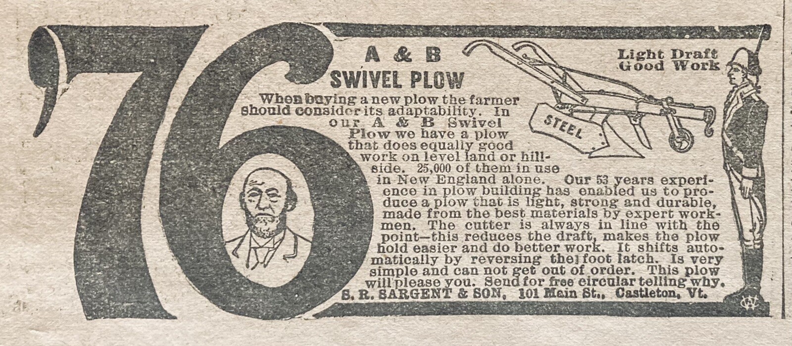 1908 AD.(XH10)~SARGENT SON CO. CASTLETON, VT. A & B LIGHT DRAFT SWIVEL PLOW