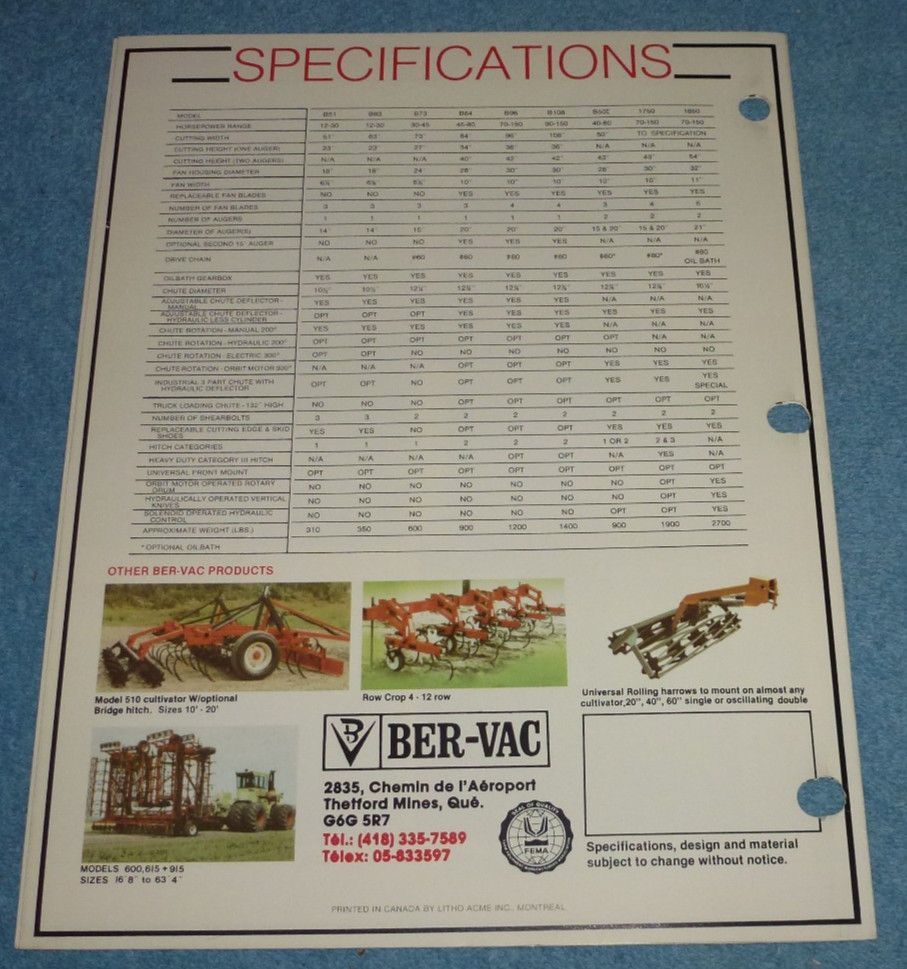 Vintage Ber-Vac Tractor Mounted Snowblowers Farm Equipment Brochure Model Specs