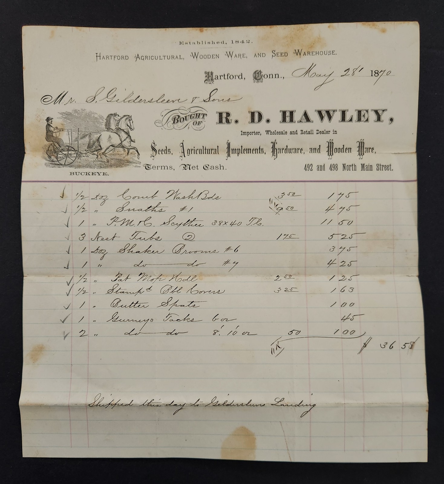 1870 antique BILLHEAD hartford ct RD HAWLEY Seeds Agricultural GILDERSLEEVE