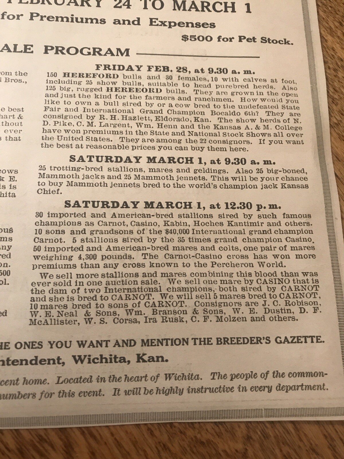1919 Cattle Livestock Public Sale – Wichita – Kansas – Cow Advertising