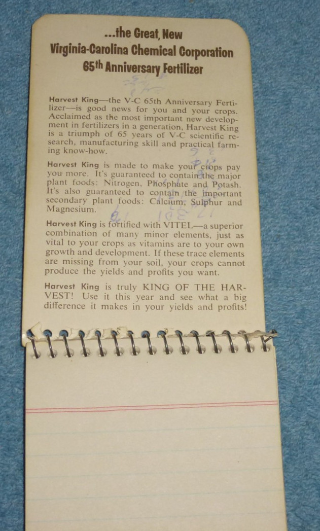 Vtg 1960 Virginia-Carolina Chemical Corp Harvest King Fertilizer Pocket Notebook