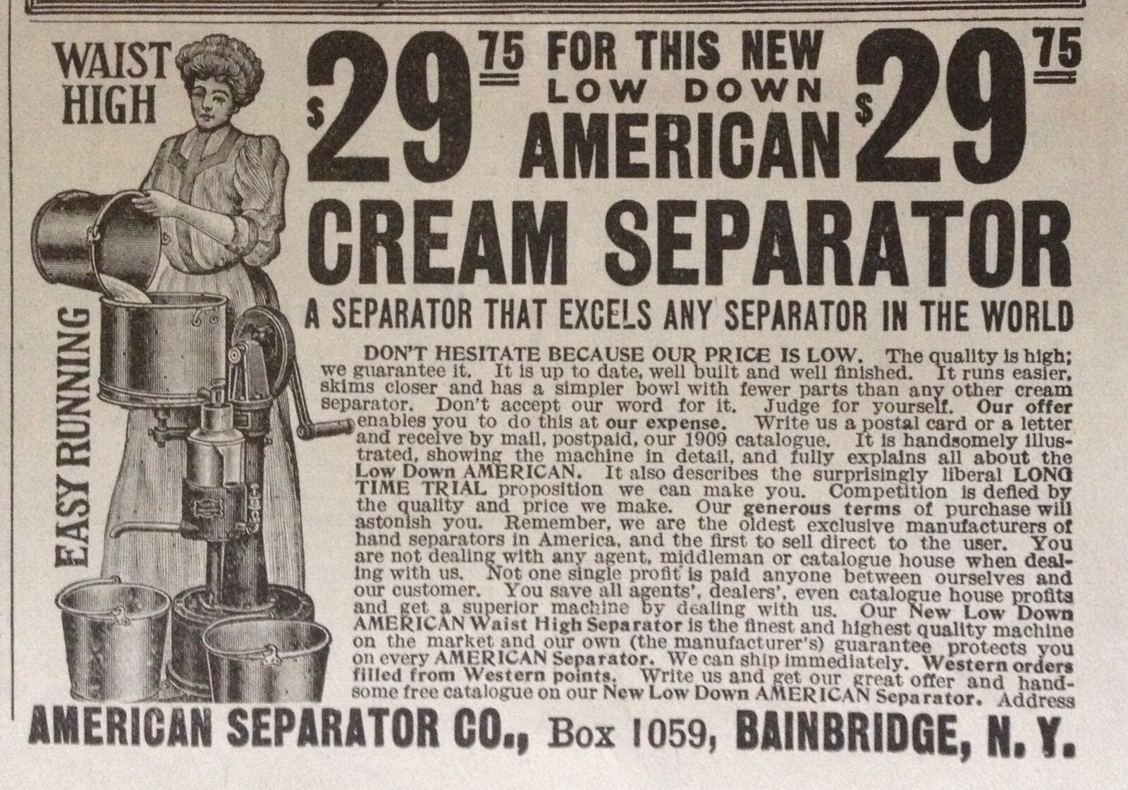 1909 AD(XF4)~AMERICAN SEPARATOR CO. BAINBRIDGE, NY. CREAM SEPARATOR