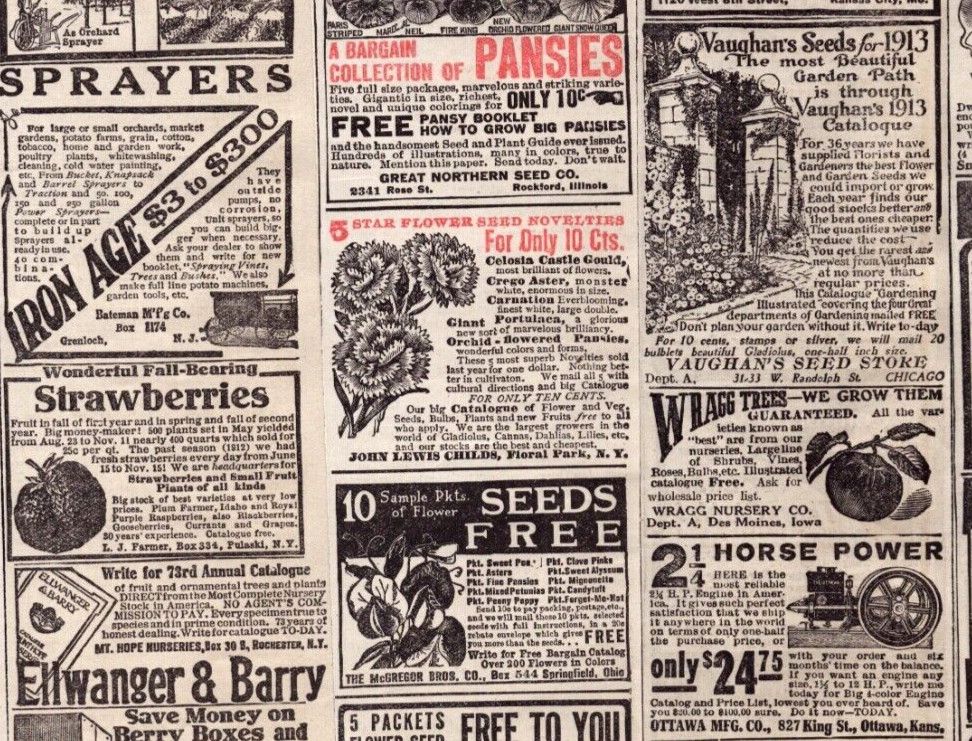 1913 Vintage Print Ads LOT of Approx 20 Misc Sm Seeds Garden Flowers Nursery